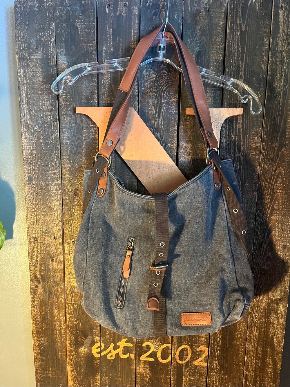 Casual Canvas Shoulder Bag with Brown Leather Trim